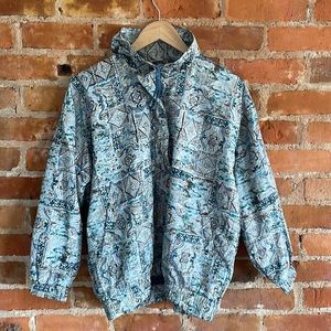 Vintage Oversized Boxy Windbreaker Jacket Tall Collar Blue Print Medium
